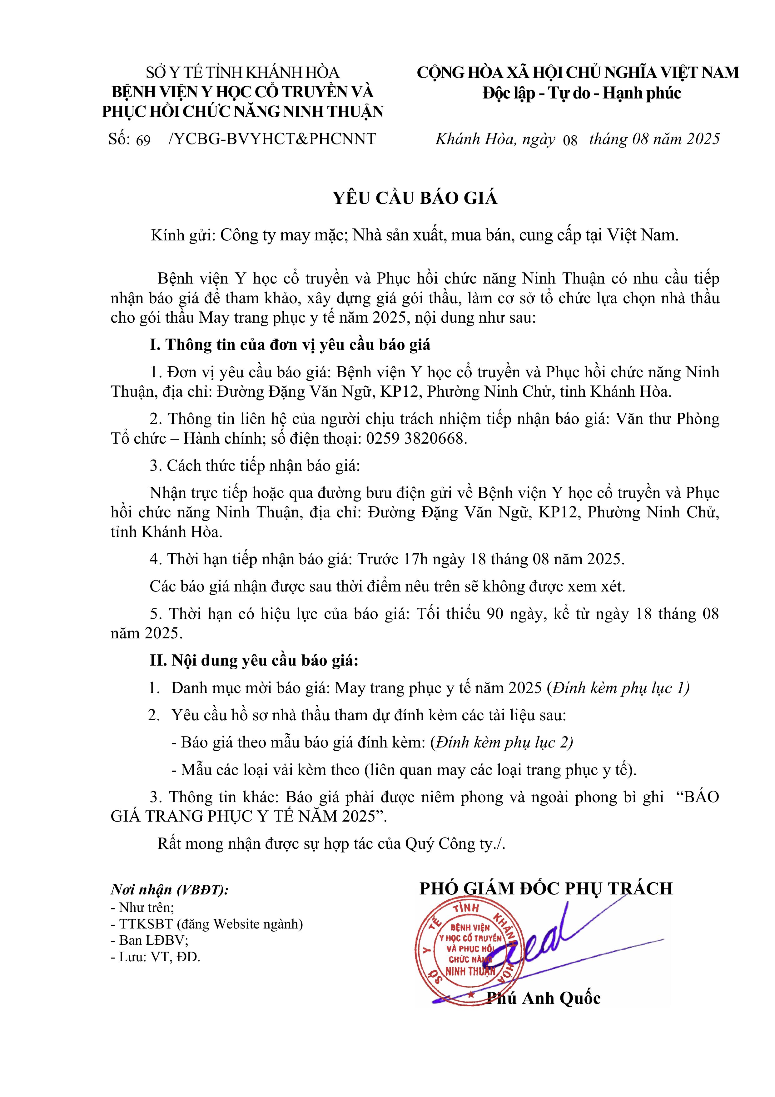 Bệnh viện Y học cổ truyền và Phục hồi chức năng Ninh Thuận có nhu cầu tiếp nhận báo giá May trang phục y tế năm 2025